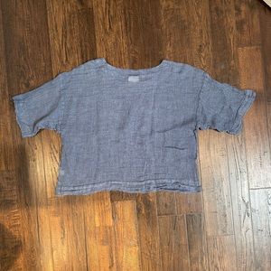 Slate blue drop shoulder 100% linen crop top sheer shirt